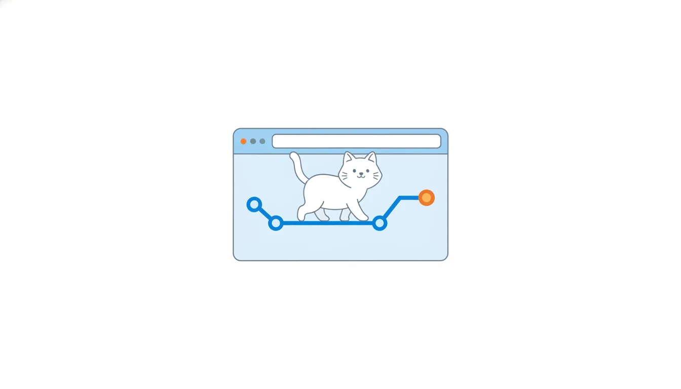 A cat walks along a subway-map line of blue circles that branches and rejoins in front of a light-blue browser window, with an orange circle at the tip.