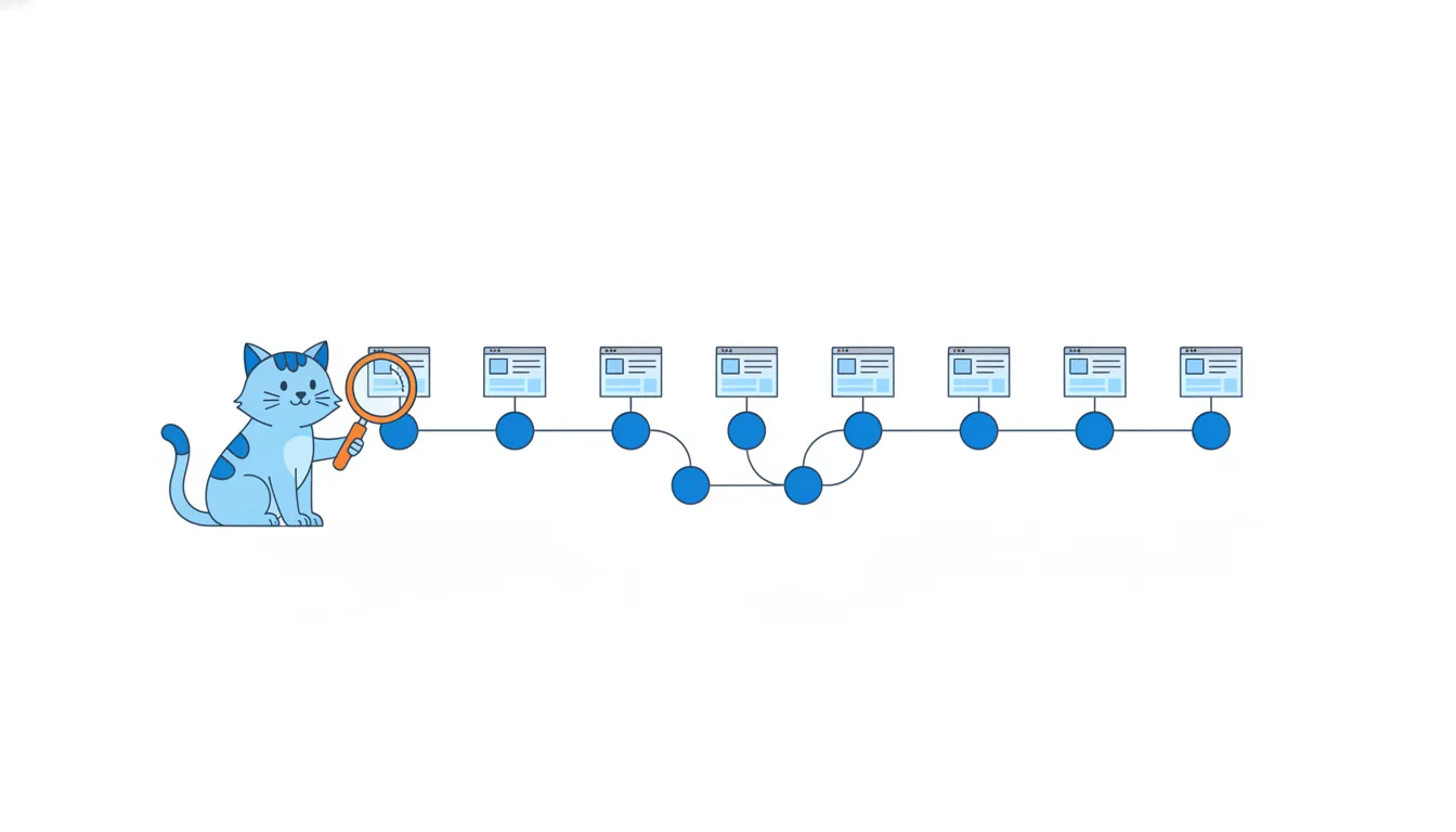 A long line of blue circles like beads on a string, each with a tiny web page snapshot above it, and a cat looking through an orange magnifier.