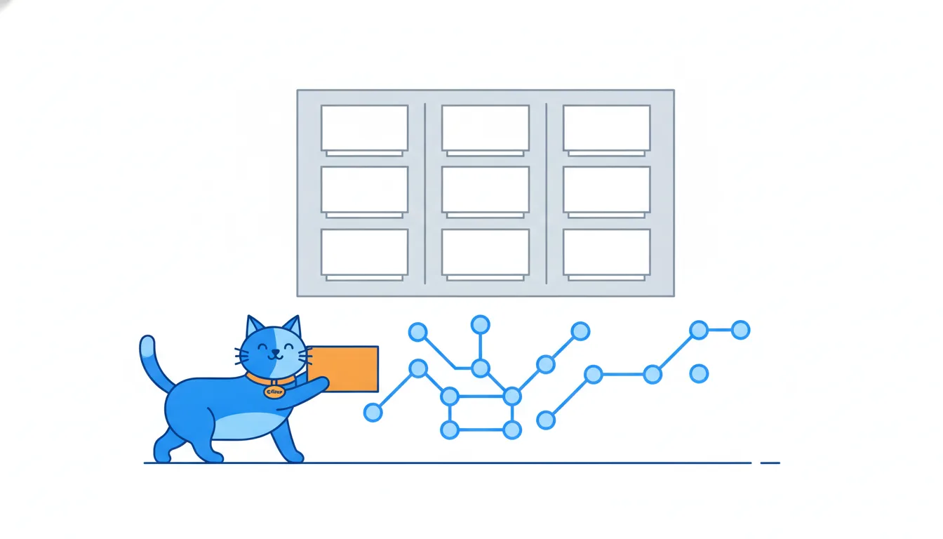 A board with three columns of blank cards; a cat pushes one orange card into the last column, with a short line of blue circles along the bottom.