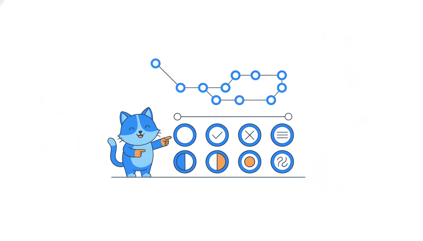 A tidy grid of simple state shapes, such as an open circle, a checkmark circle, a crossed circle and a half-filled dot, in blue, gray and orange.