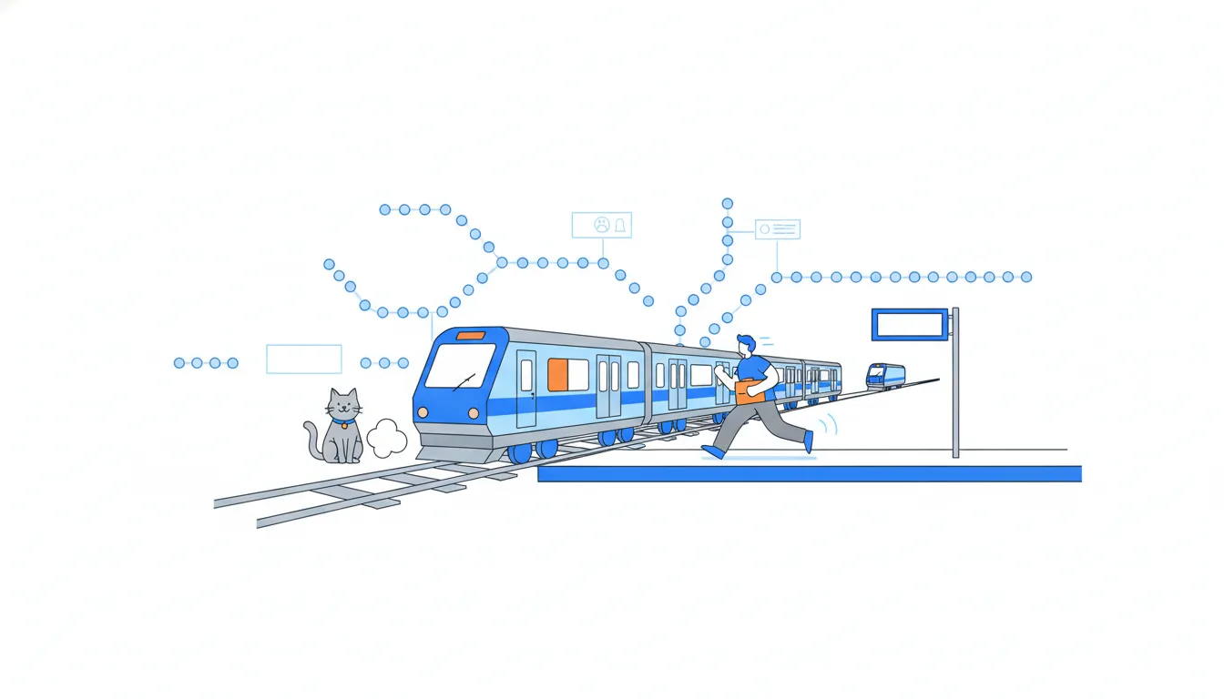 A train pulls out of the station as a person with a parcel runs onto the platform too late; the next train is visible far down the line.