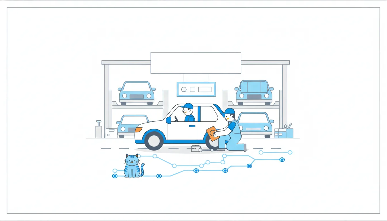 A mechanic patches a tyre on a car already out on the road with its driver, while unfinished new cars stand on lifts in the garage behind.