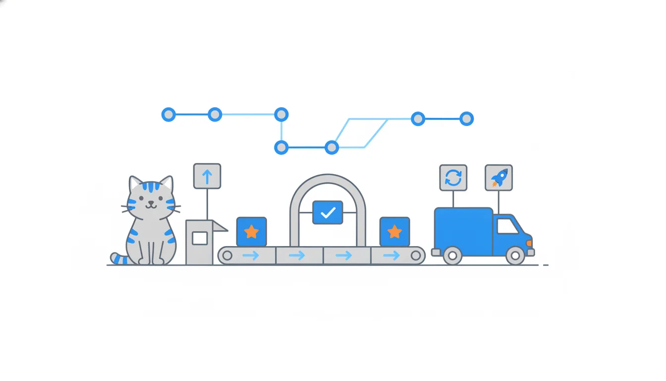 A loop of conveyors: a cat-food parcel leaves a side bay, joins the main belt, passes an inspection gate and rolls into a van as the next parcel starts.