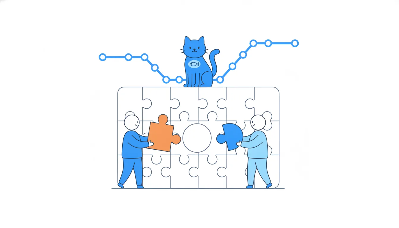 Two people each hold a different puzzle piece toward the same gap in a jigsaw and pause to look at each other.
