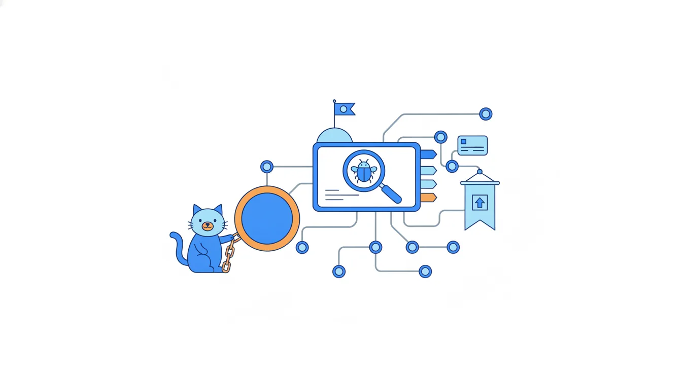 A card with a cute beetle under a magnifier, colored ribbons and a flag on a hill behind; a cat links the card to a blue circle with an orange chain.