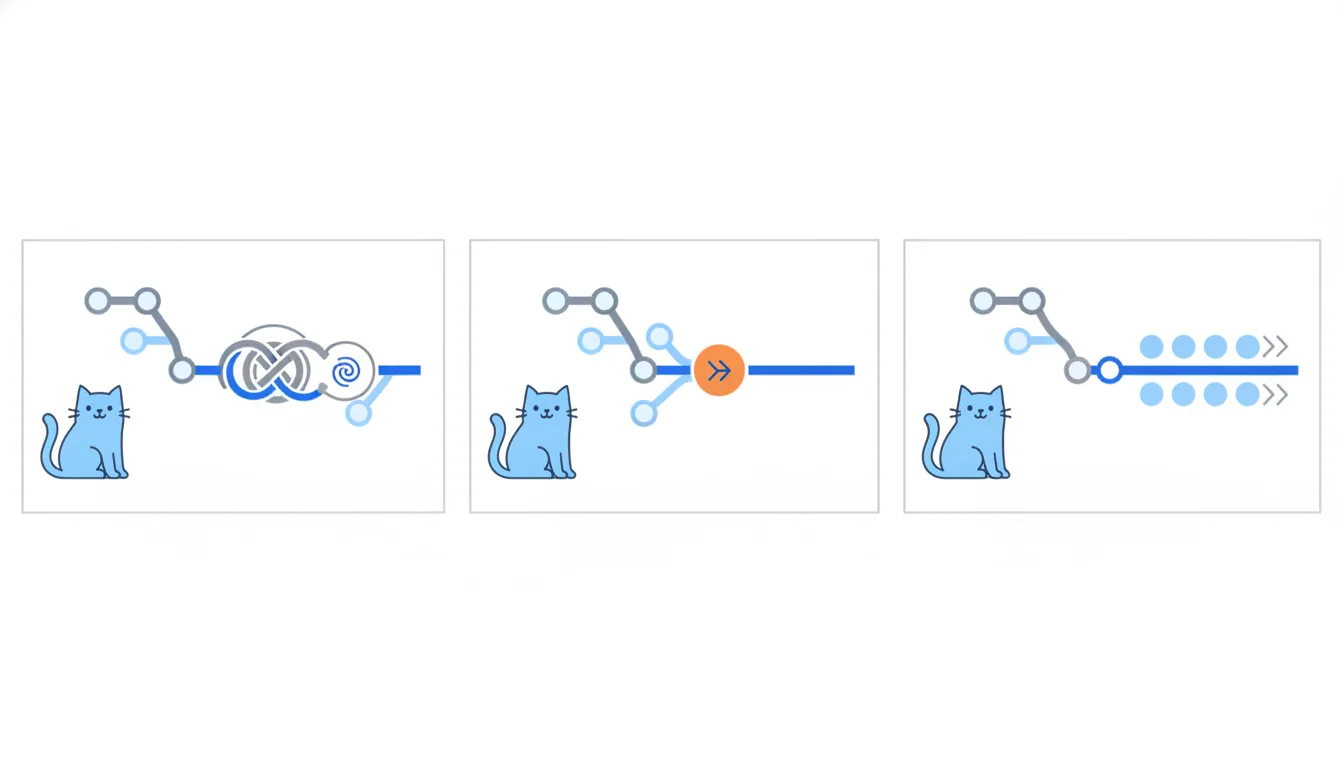 Three small panels, each showing a side line joining the main line differently: through a knot, squeezed into one orange circle, or laid in a straight row.