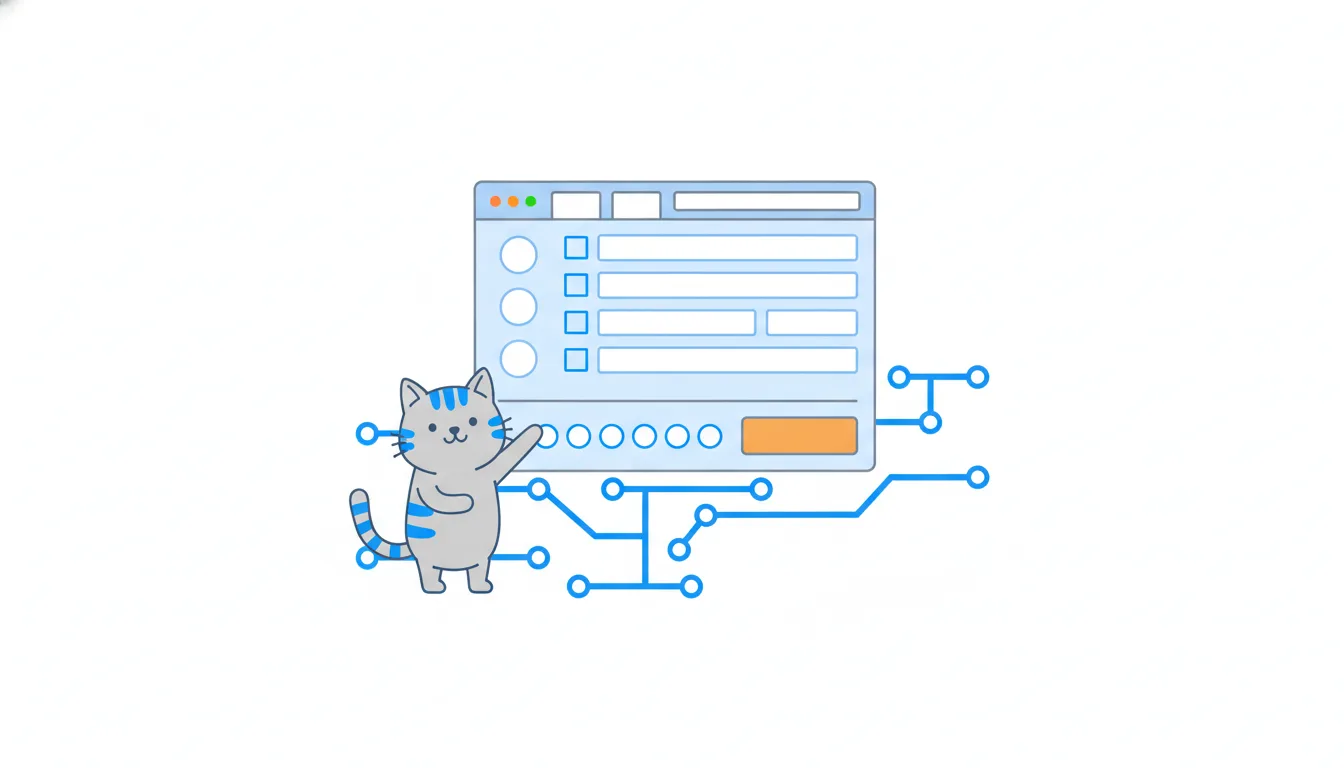 A large web-page card with four blank tabs, small avatars, a row of checkmark circles and a big orange button at the bottom, with a cat pointing at it.