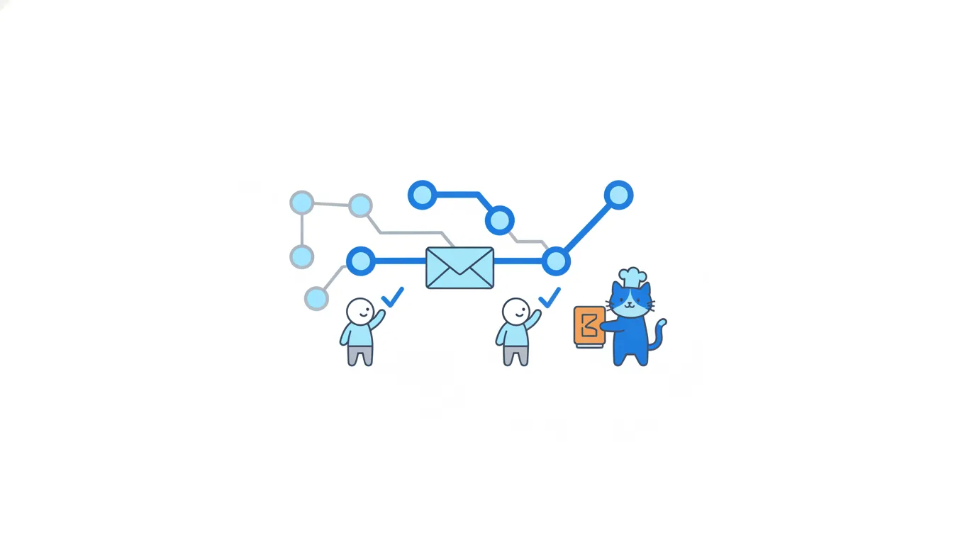 A light-blue envelope-shaped card travels from a side line of circles to the main line, met by reviewers holding a checkmark and a cat with an orange stamp.