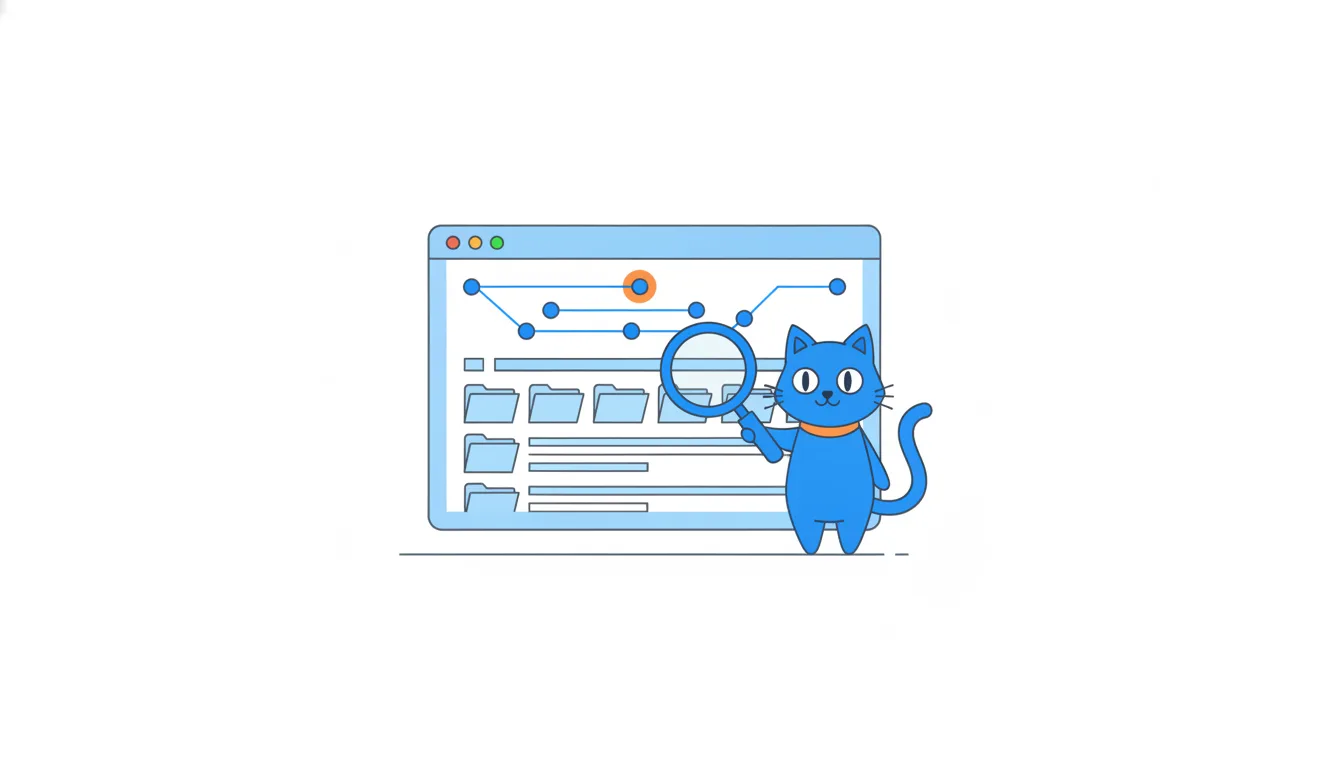 A browser window with folder icons and blank file rows, one circle at the top highlighted orange, and a cat reading the page from top to bottom.