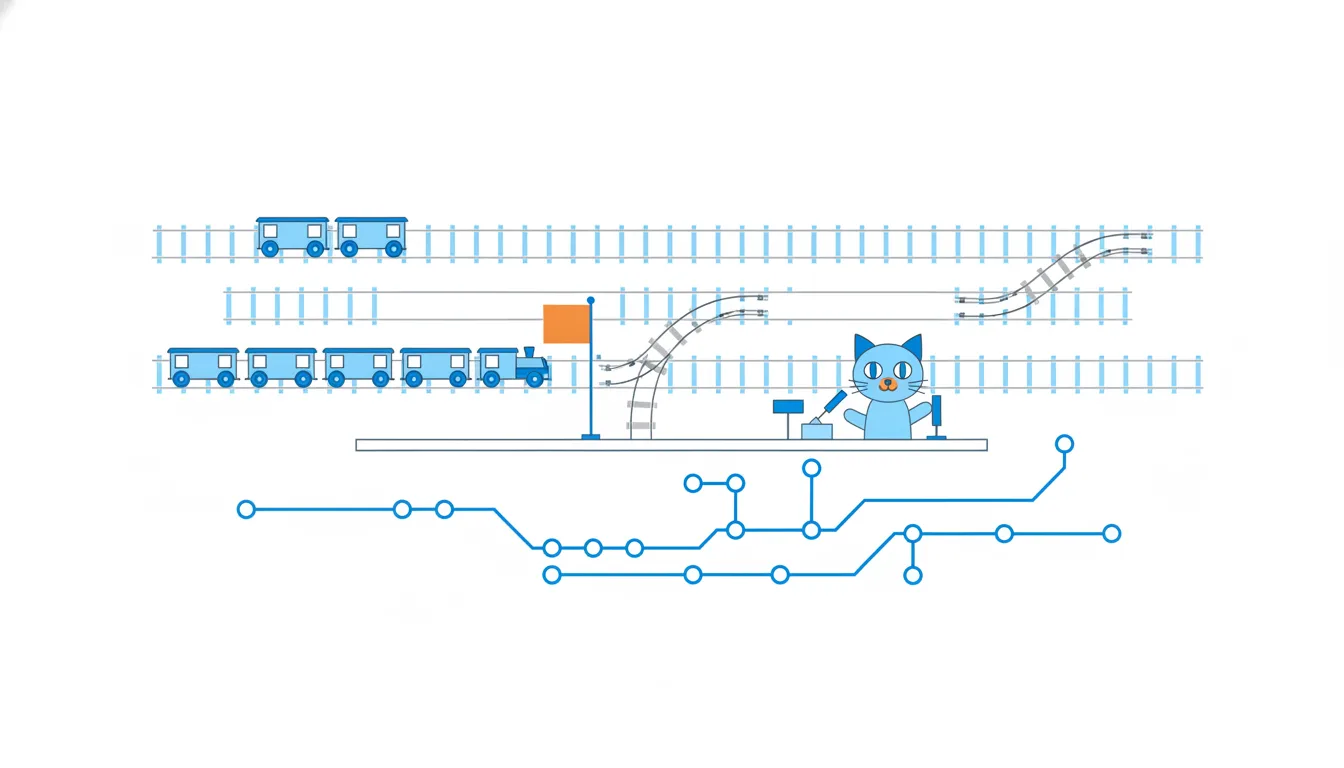 Several parallel railway tracks with small trains, track switches and a station platform with an orange flag, and a cat operating the signals.