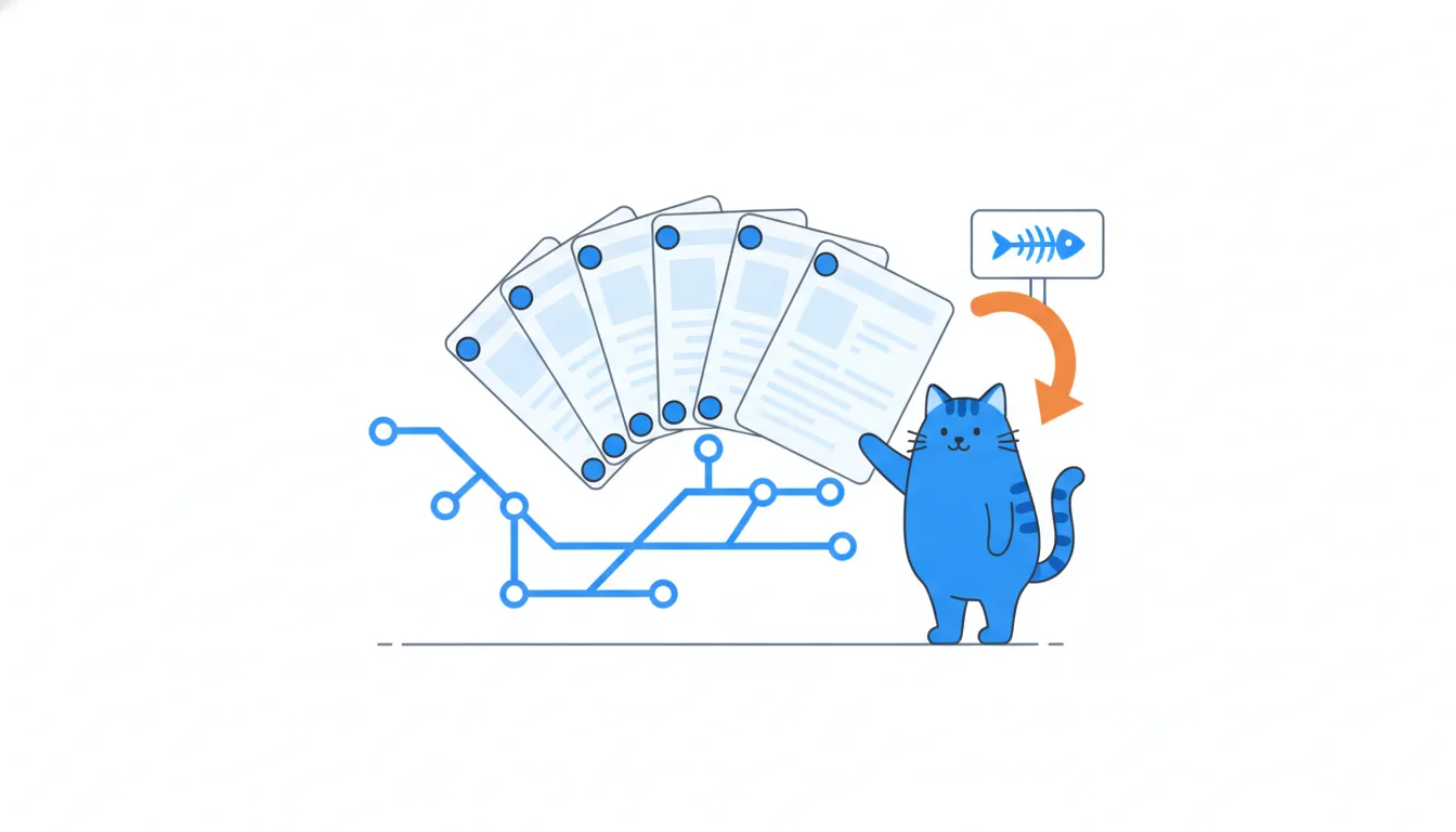 A fan of transparent page snapshots like a flipbook, each pinned to a blue circle, and a calm cat tapping one beside a big orange undo arrow.