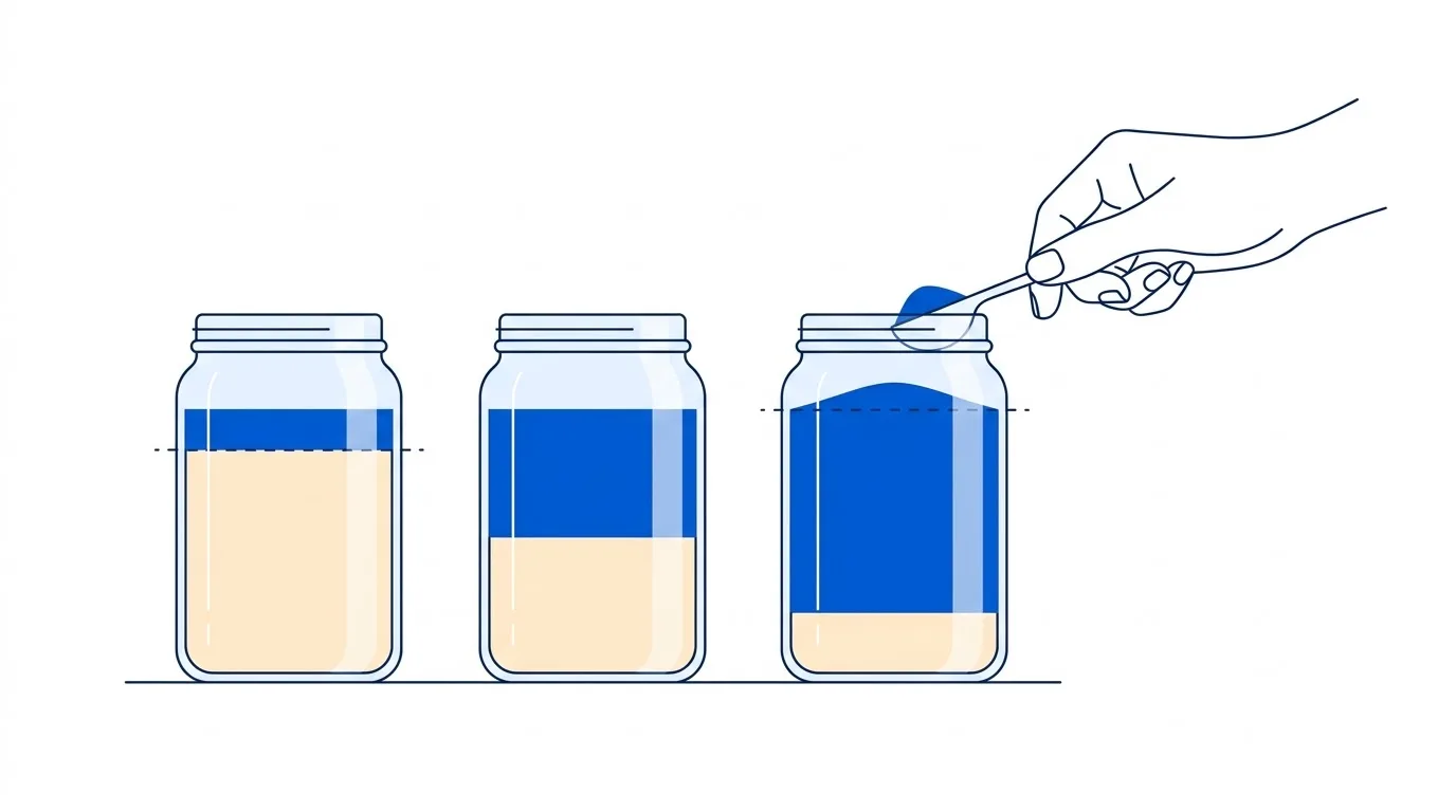 Three jars with different blue and cream layers; a hand tops one up to its marked line.