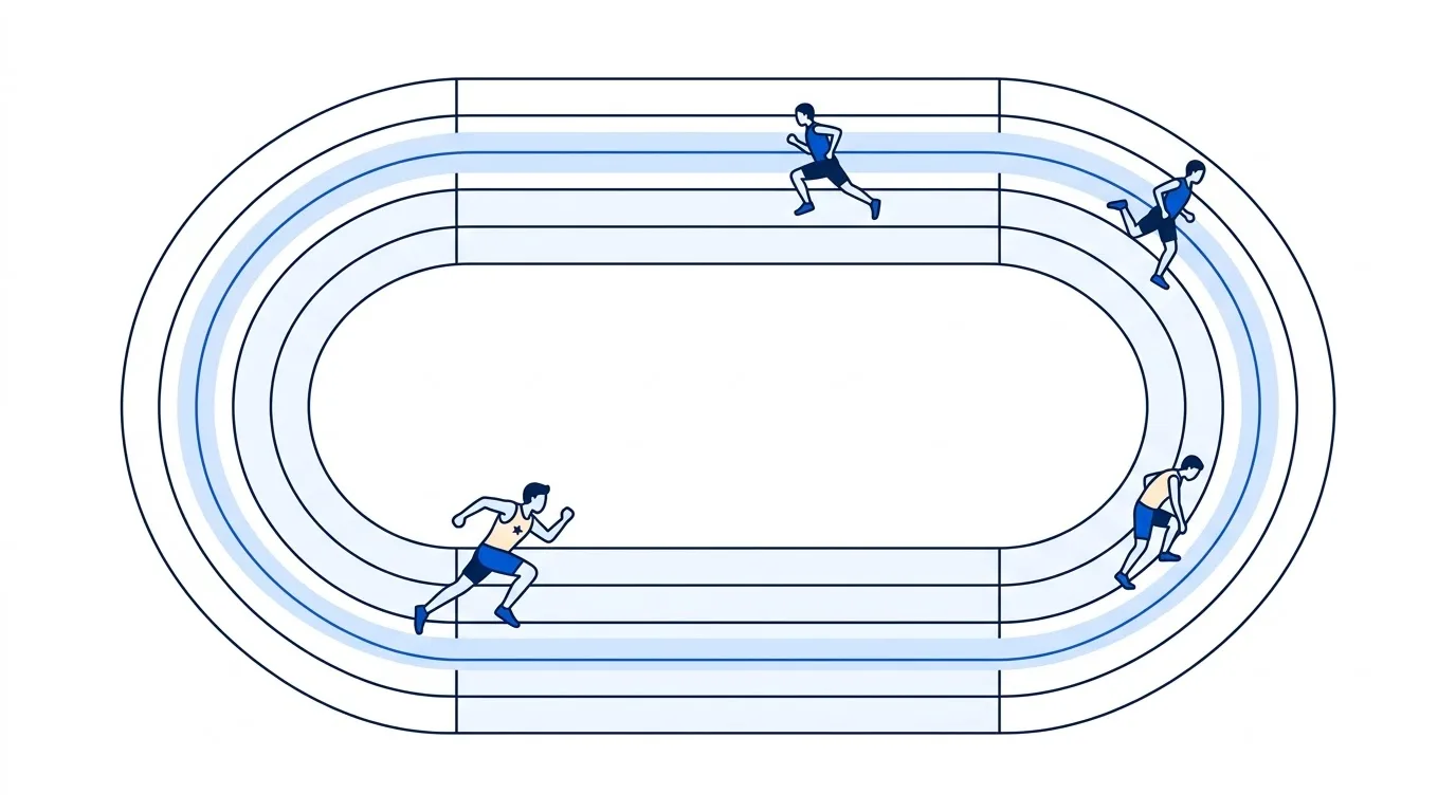 Runners on an oval track seen from above, one in a star vest, beside a steady pale-blue pace line.