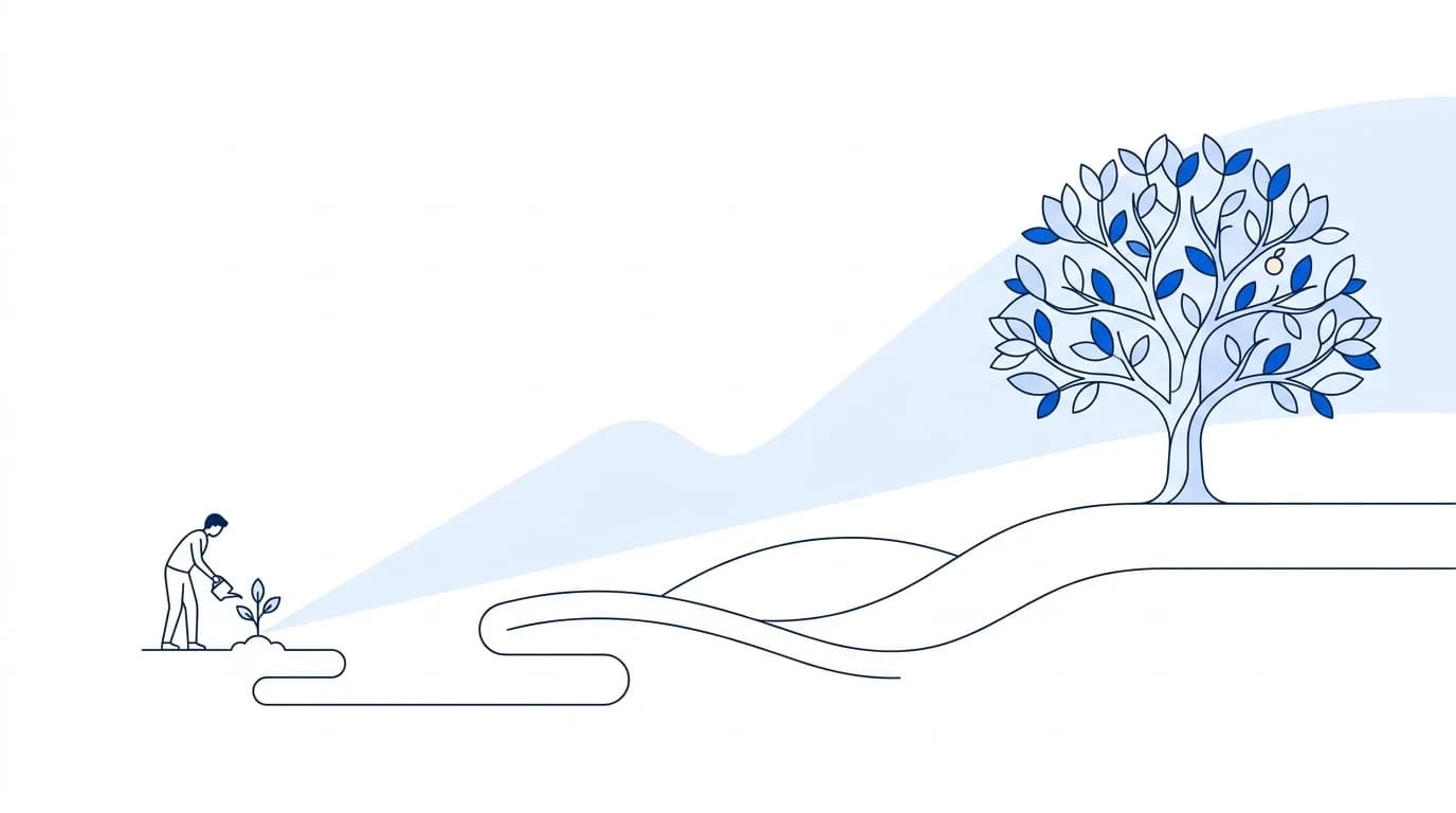 A person waters a small sapling; a winding path leads past gentle hills to a large tree, with a widening pale-blue band of possible growth behind it.