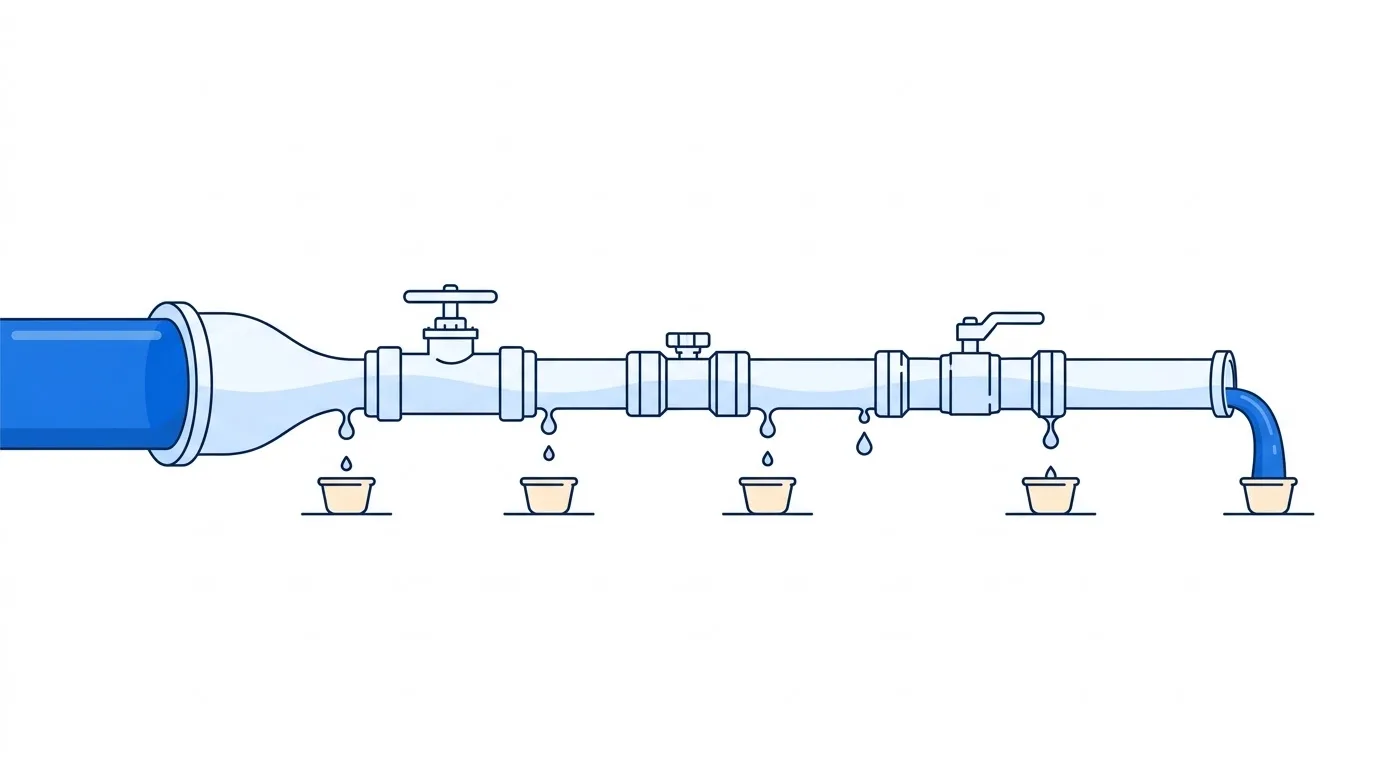 A water pipe with several valves leaks drops into small cups, so the stream at the end is thinner.