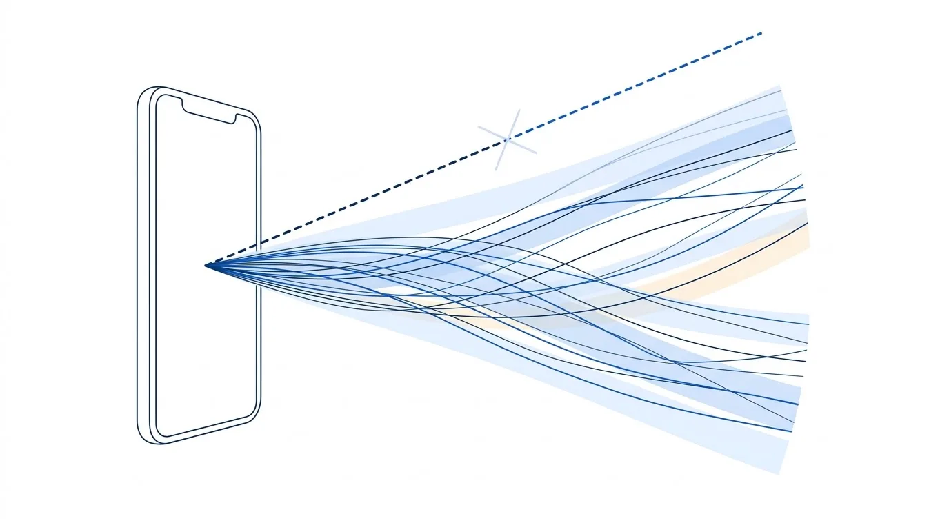 A phone sends out a widening fan of possible growth paths; a single straight dashed line above them is crossed out.