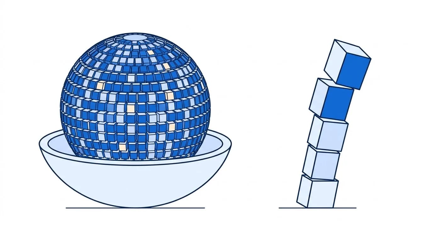 A large globe made of hundreds of small tiles rests in a bowl, next to a short leaning tower of a few blocks.