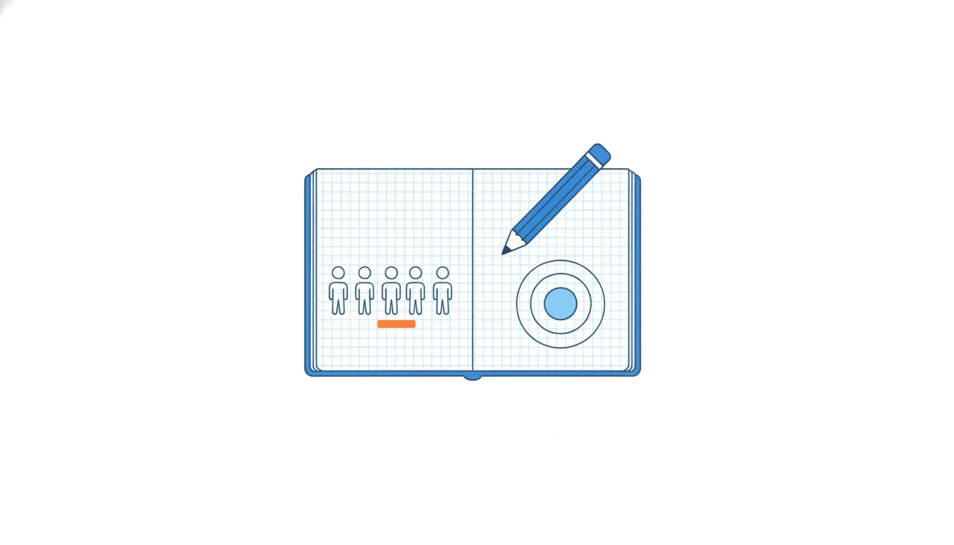 A grid notebook with a row of figures of different heights and nested circles on its page, an orange marker under the middle one.