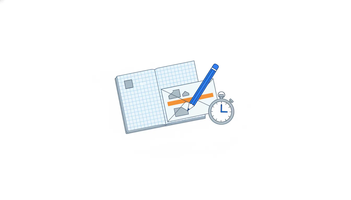 A pencil sketching blocks and a wide orange range band on the back of an envelope, a stopwatch nearby.