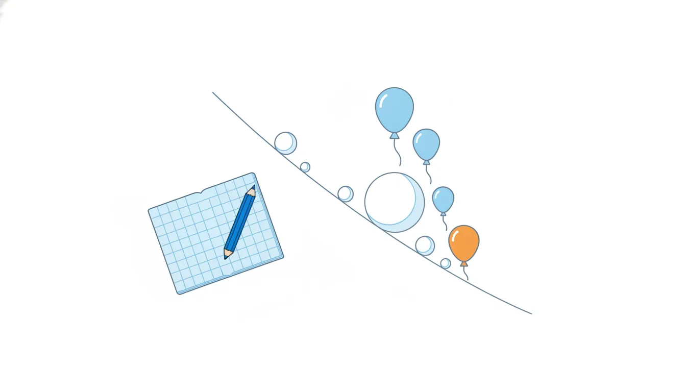 A snowball rolling down a hill and growing with each turn, an orange layer on its newest turn.