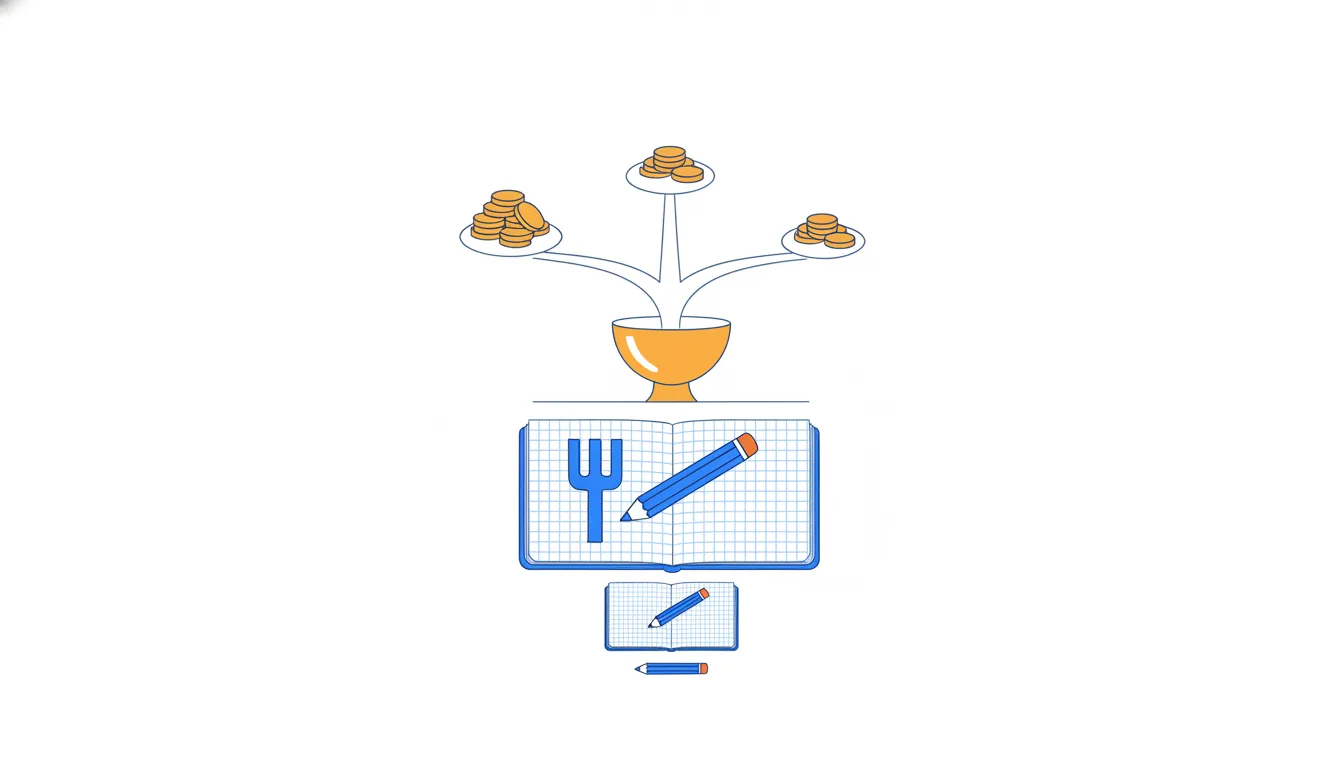 Three paths of different widths lead from a fork to coin piles of different sizes, all weighed into one orange cup.