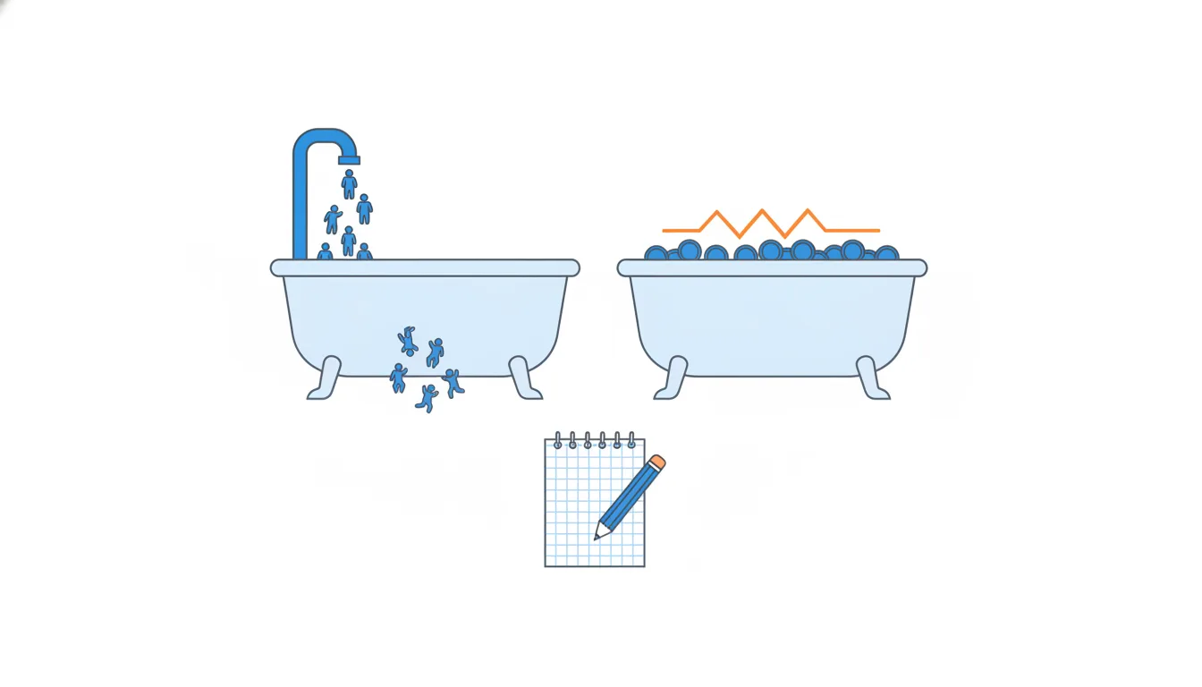 A bathtub fills with customer figures from a tap while some leave through the drain, beside a tub of coins with an orange line.