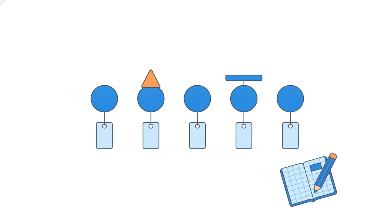 A row of dots with tiny tags hanging below, one dot wearing a small orange hat and another a bar on top.