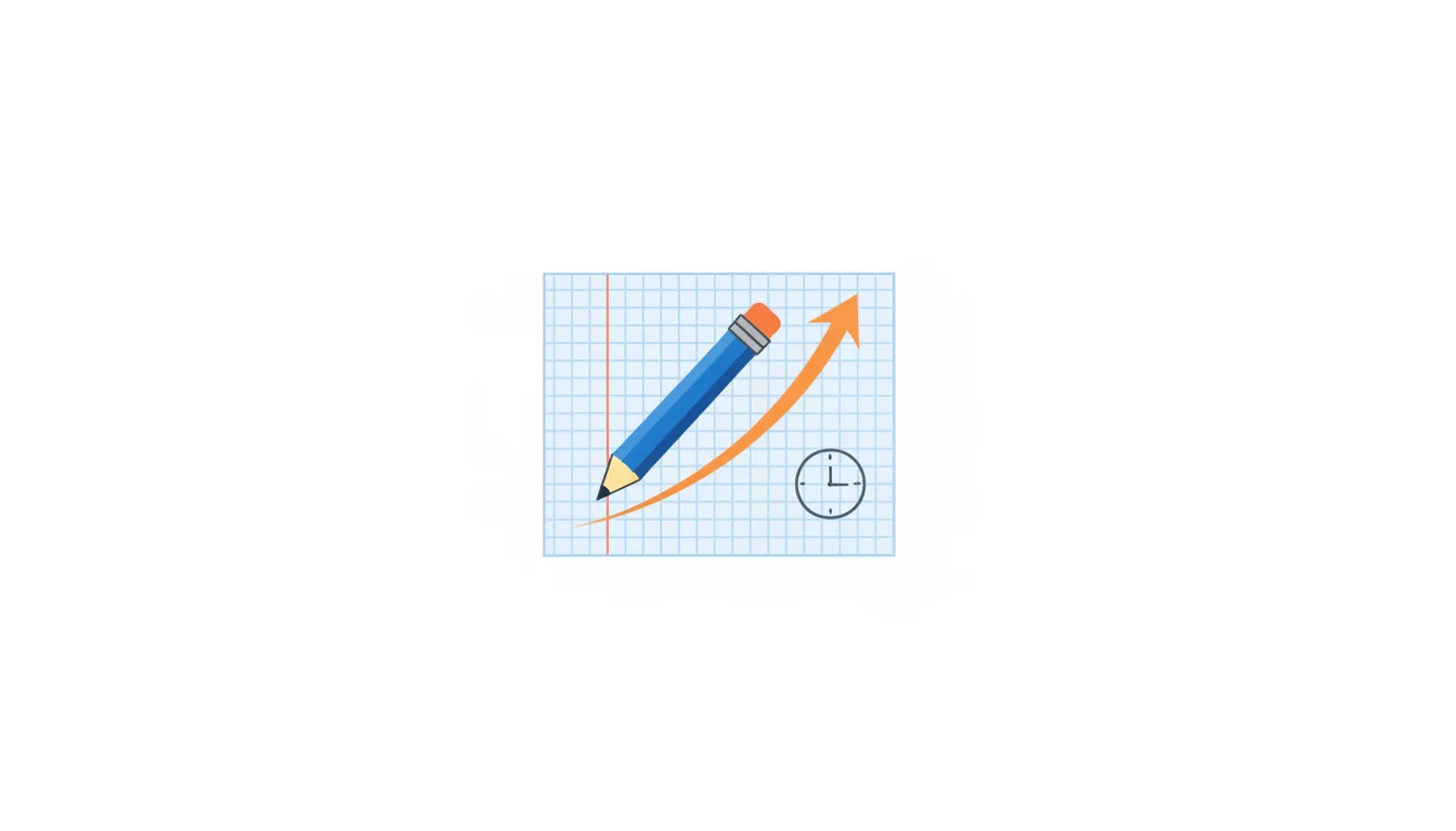 A grid notebook with a curve bending steeply upward and a small clock, the pencil leaving an orange trail.