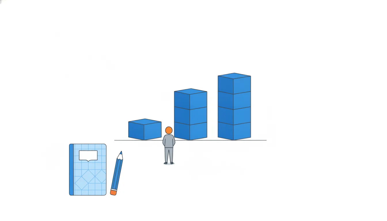 Three stacks of blue blocks in a row, each ten times taller than the one before, with a tiny figure at the foot looking up.