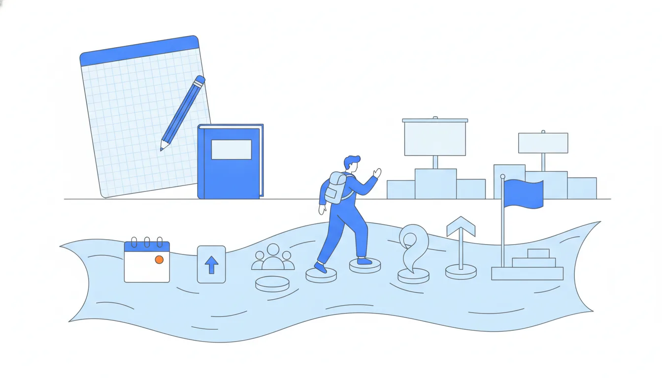 A figure crosses a wide river on a short chain of stepping stones, each a familiar object: a calendar page, a lesson card, a group of learners.