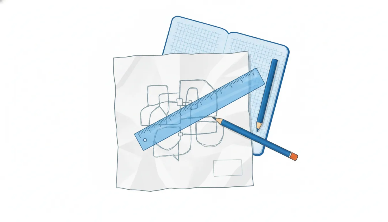 A rough pencil sketch on a paper napkin is measured with a ruler that has absurdly fine markings; the sketch's lines are thick and wobbly.