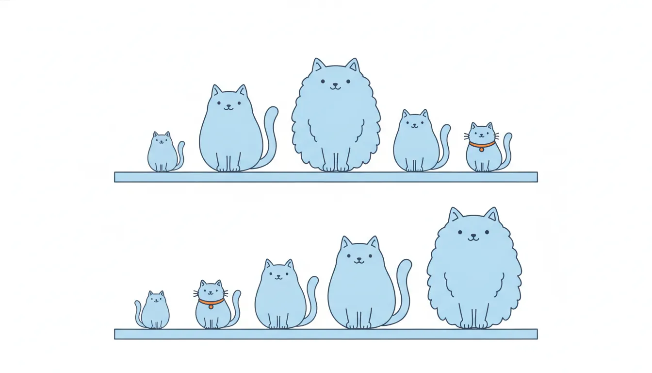 Five cats sit in a row in the order they arrived; below, the same five cats sit again, lined up from the smallest to the largest.