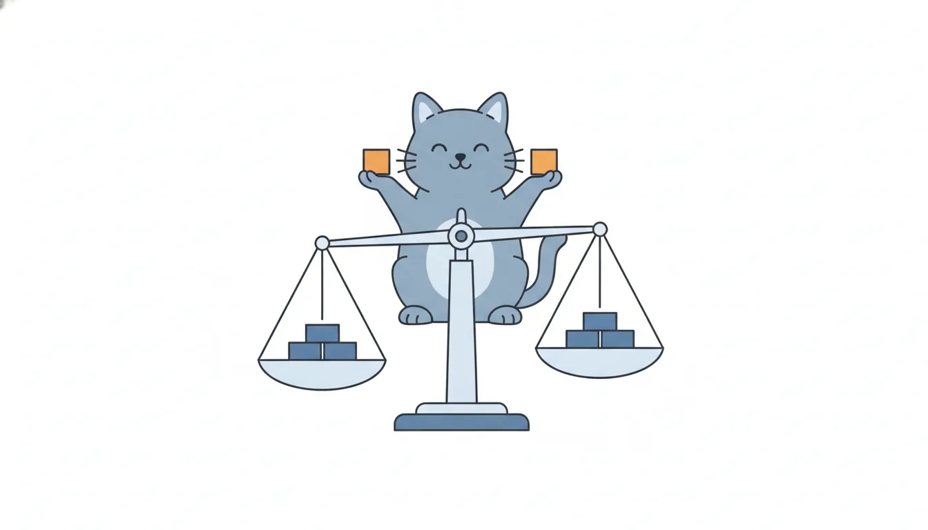 A cat sits behind a level balance scale with an orange block in each paw, ready to add one to each pan.