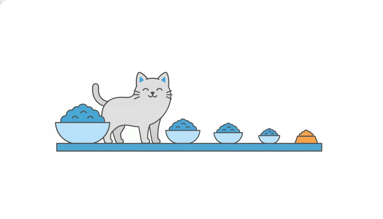 A cat walks along a shelf of food bowls that get smaller from left to right, each holding less kibble.