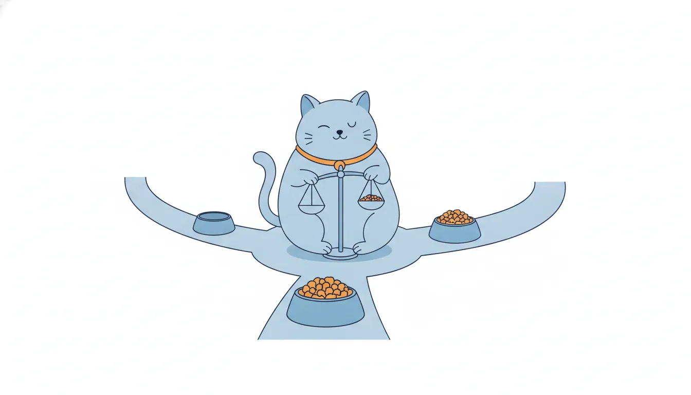 A cat holding a small balance scale sits where three paths meet, with a full bowl, a half-full bowl and an empty bowl at their ends.