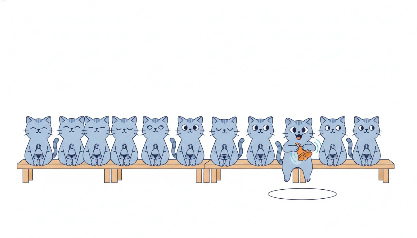 A row of calm cats on a bench, each with a small bell; one cat rings its orange bell excitedly at an empty spot.