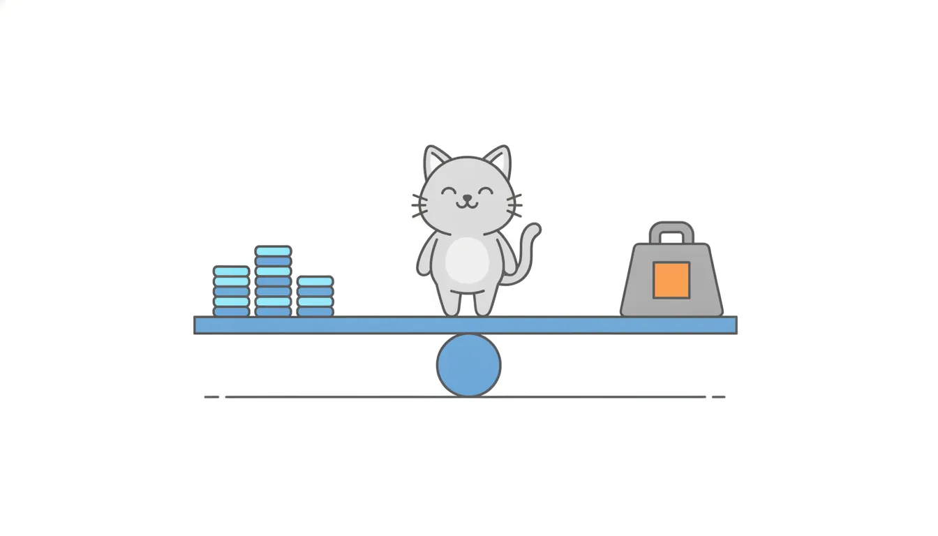 A cat stands in the middle of a level seesaw, with stacks of coins on one end and a heavy weight on the other.