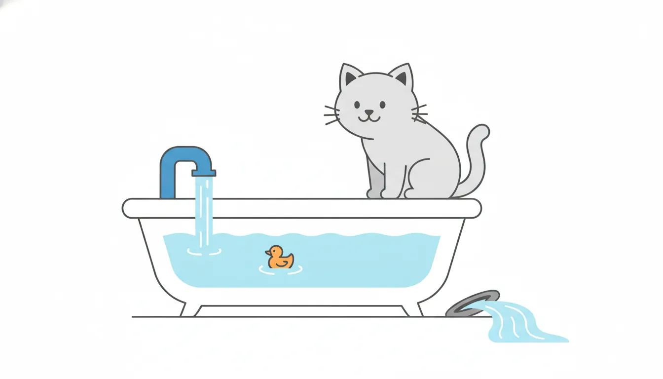 A cat sits on the rim of a bathtub that fills from a tap while water runs out through the drain.