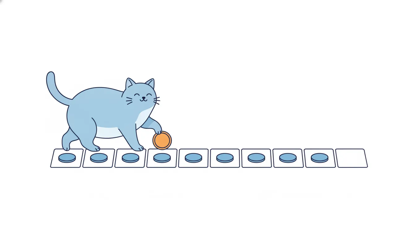 A cat walks along a row of tiles with one identical blue coin on each, placing one more orange coin.