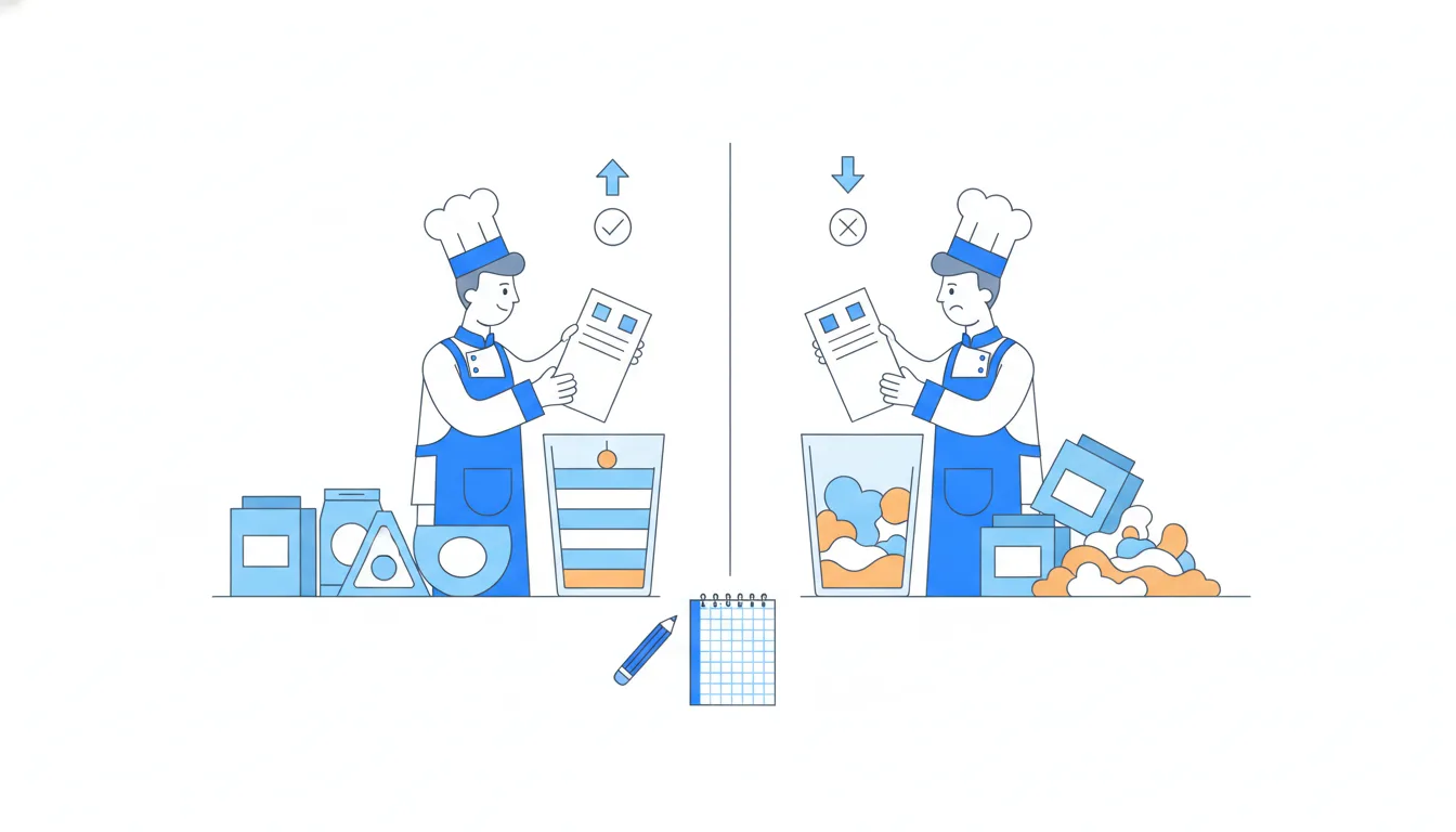 Two cooks follow the same recipe card: one adds ingredients in the right order and gets a neat layered cake, the other gets a collapsed mess.