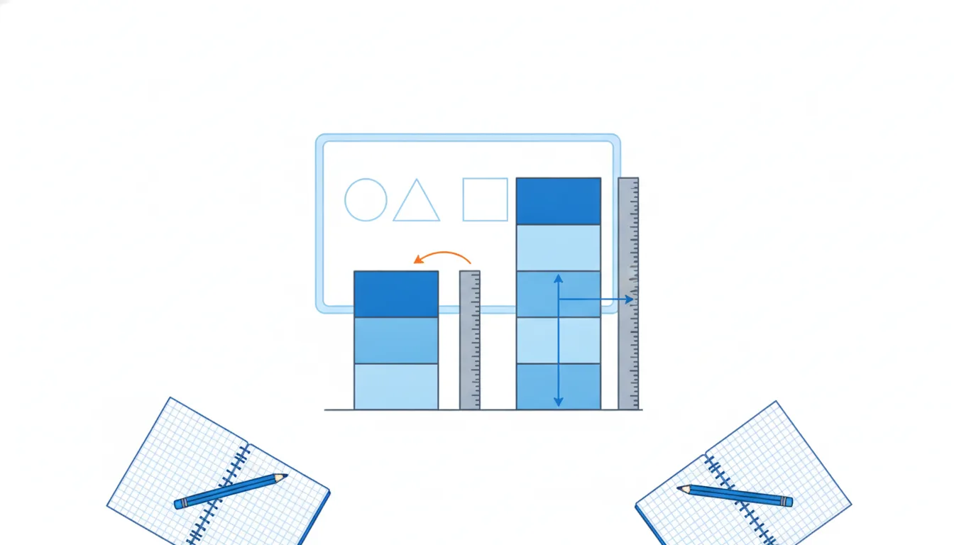 A short and a slightly taller tower of blue blocks; one ruler counts the added blocks, a second compares that part with the original tower.