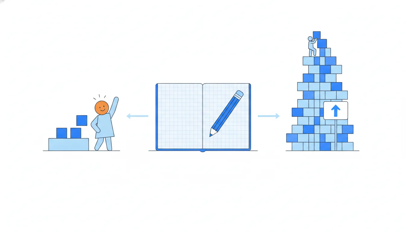 Left: one tiny block becomes two and a figure cheers. Right: a huge tower gains a few blocks that barely show.