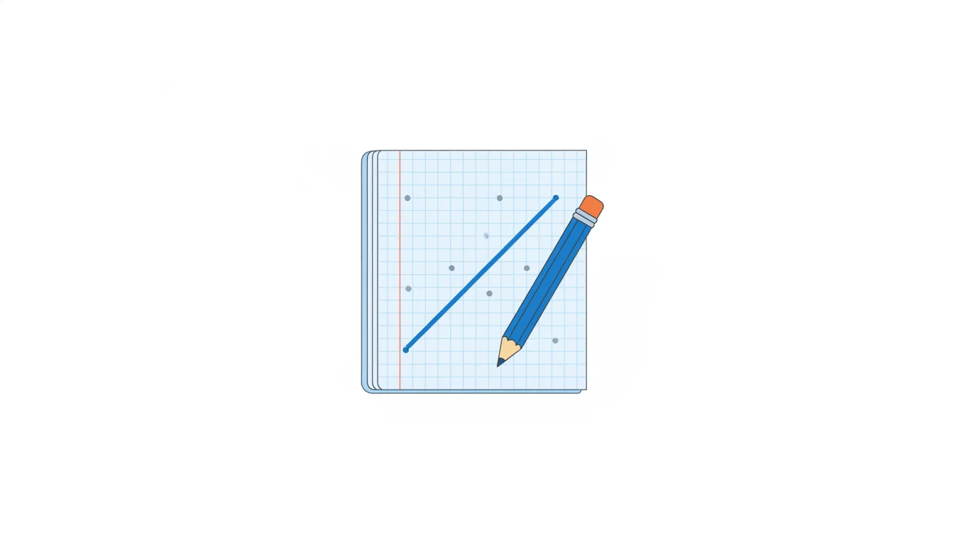 A grid notebook with a straight blue line through scattered dots, the pencil at its end with an orange tip.