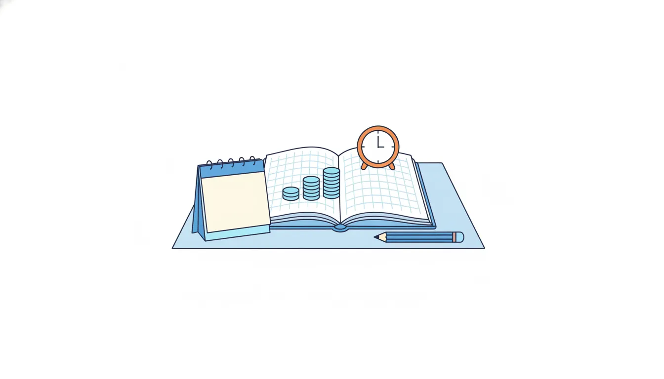 An open grid notebook with a blank desk calendar, three coin stacks growing by even steps and a small orange clock.