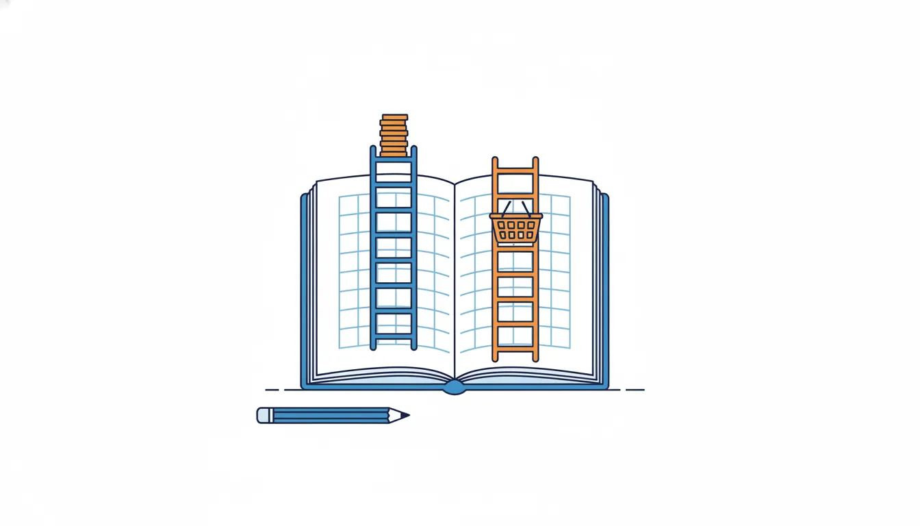 An open grid notebook with two ladders: coins climb the blue one, a shopping basket climbs the orange one, the coins only a little ahead.