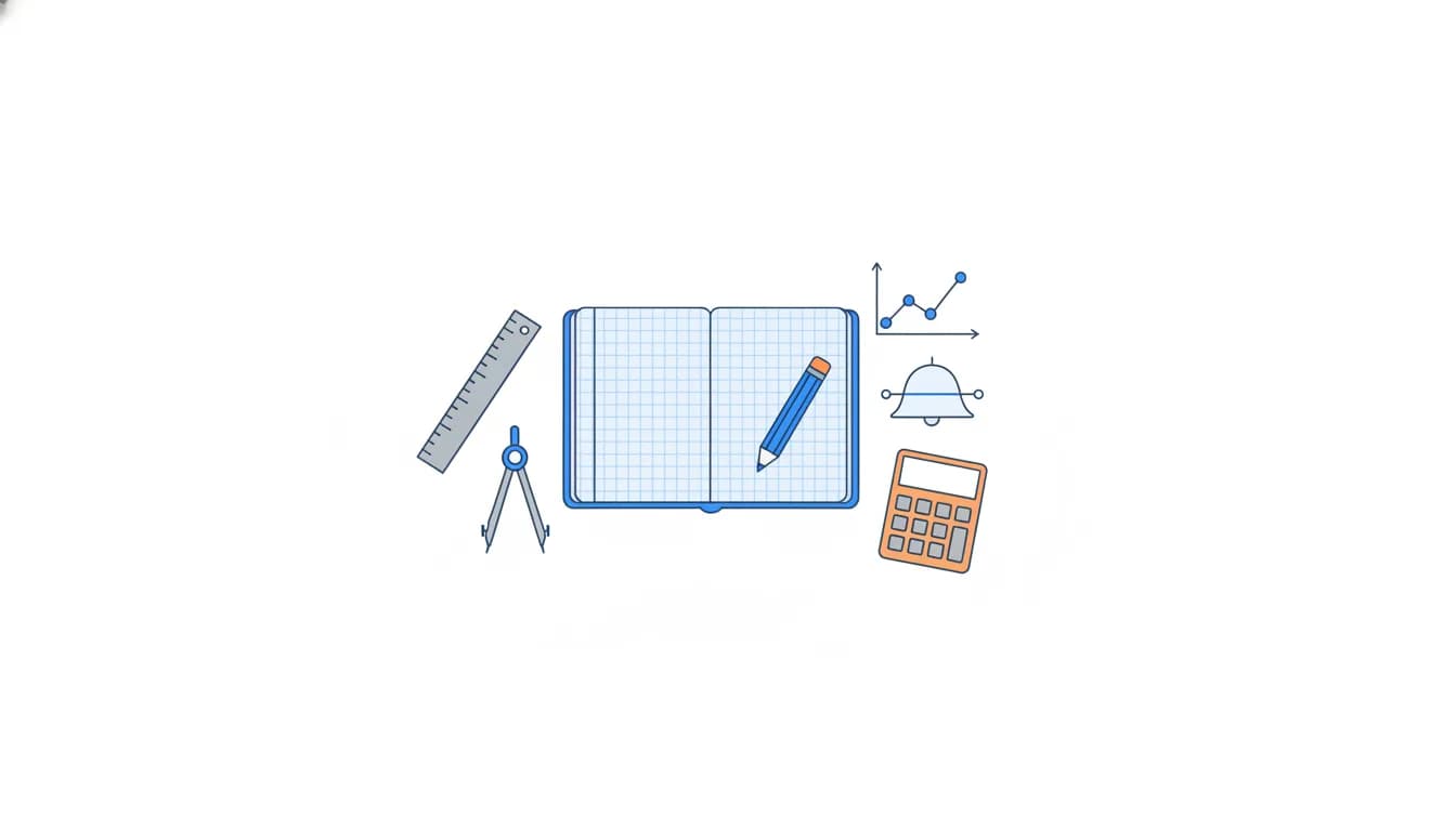An open grid notebook with a blue pencil, surrounded by a ruler, a compass, a bell curve, a line chart and an orange calculator.