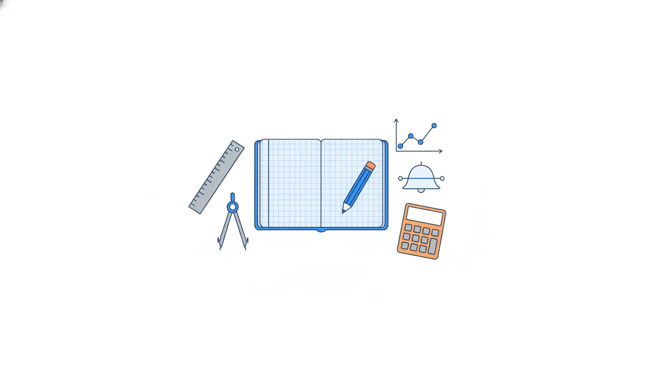 An open grid notebook with a blue pencil, surrounded by a ruler, a compass, a bell curve, a line chart and an orange calculator.