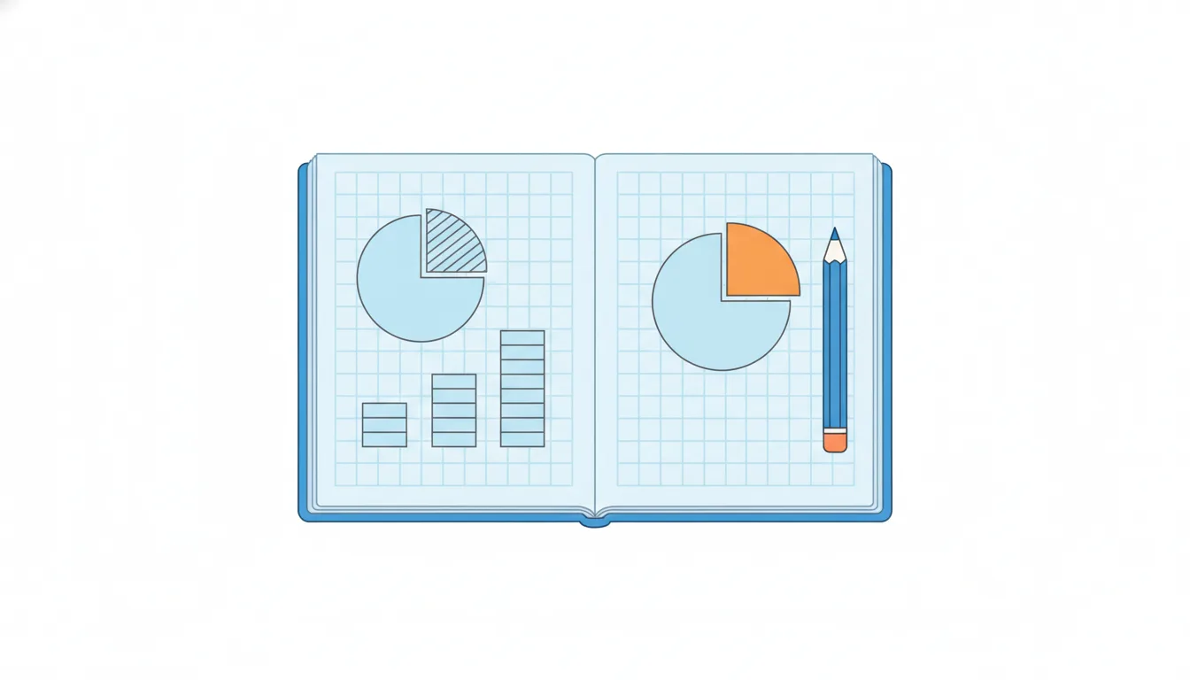 A grid notebook with a sliced pie and stacked blocks drawn on the page, the pencil coloring one slice orange.