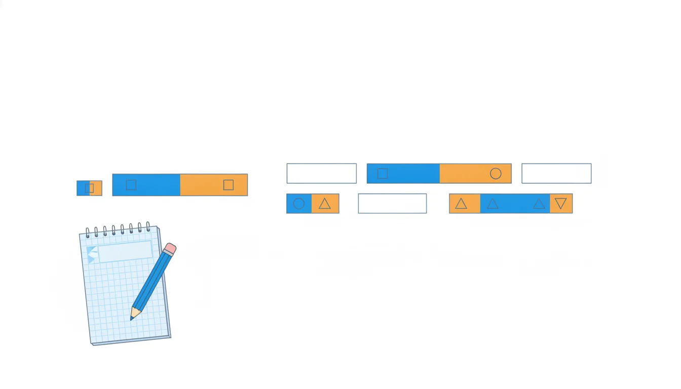 A bar split into a blue part and an orange rest, beside rectangles that are largest when the two parts are equal.