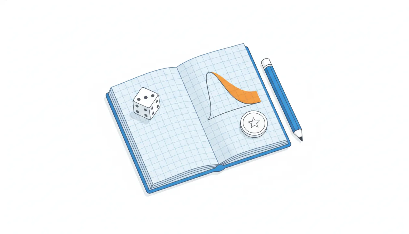 A die and a coin on a grid notebook with a bell curve drawn on the page, part of its area shaded orange.